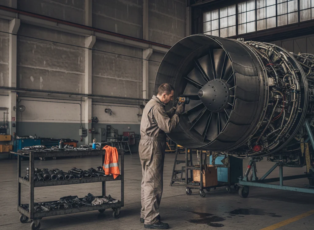 Technician in coveralls stands beside a large jet engine, inspecting it with a handheld power tool inside a hangar.