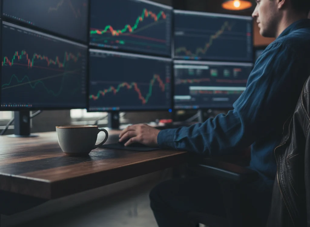 Trader monitoring multiple curved monitors displaying stock charts and data, with a coffee mug on a wooden desk.