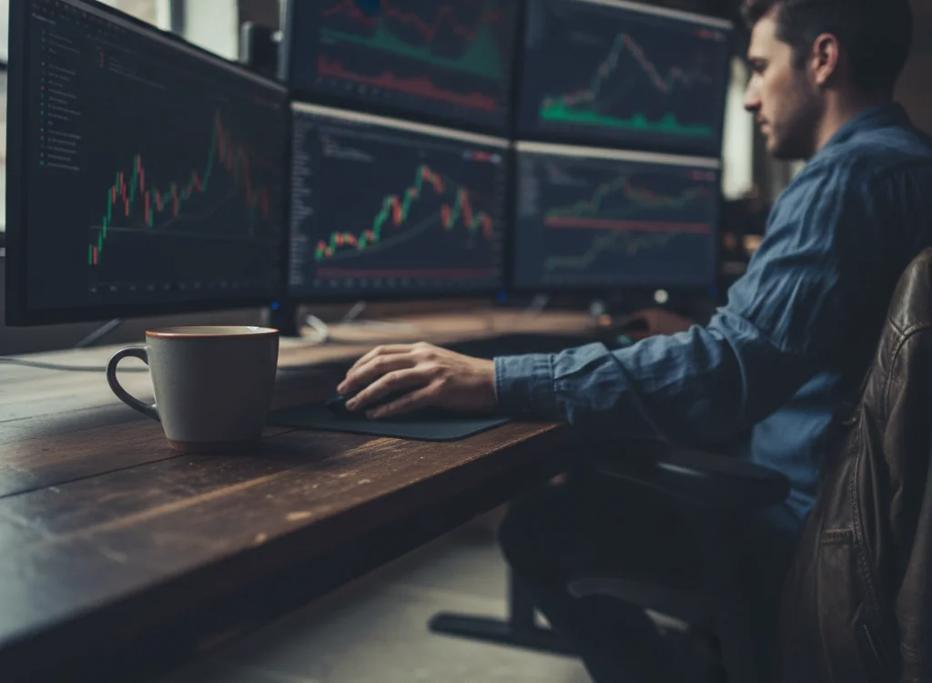 Trader monitoring multiple stock charts on curved monitors at a wooden desk, with a mug in the foreground.
