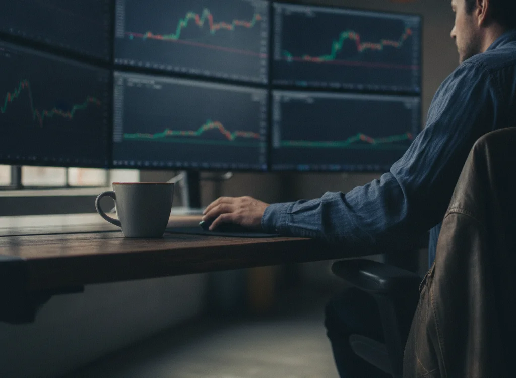 Trader seated at a desk with six monitors showing stock charts, a mug on the table, and a jacket draped over a chair behind him.