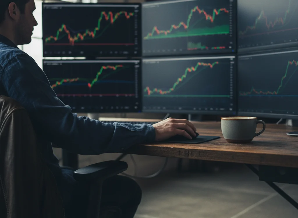 Trader sits at a wooden desk watching multiple monitor stock charts on five screens with a coffee mug nearby.