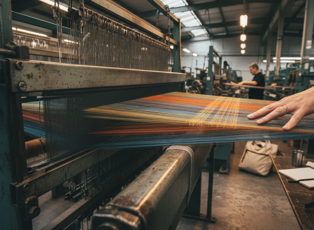 Weaving loom in a textile workshop; colorful threads stretch across the loom as a hand guides the fabric.