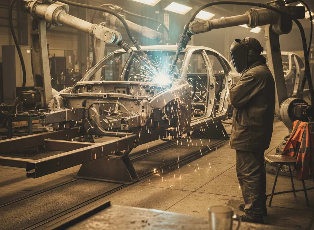 Welding robots fuse car body panels on an assembly line, sparks flying as a technician observes nearby.
