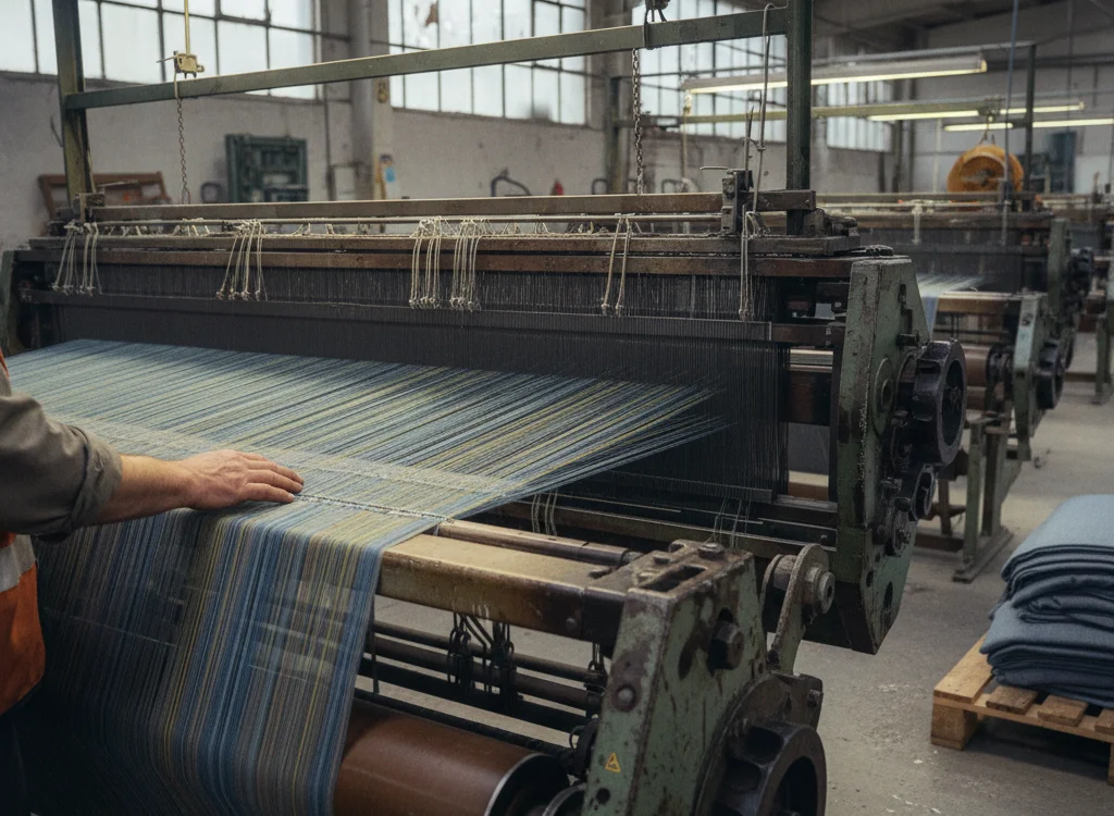Worker guides blue striped fabric through an industrial loom in a textile factory.
