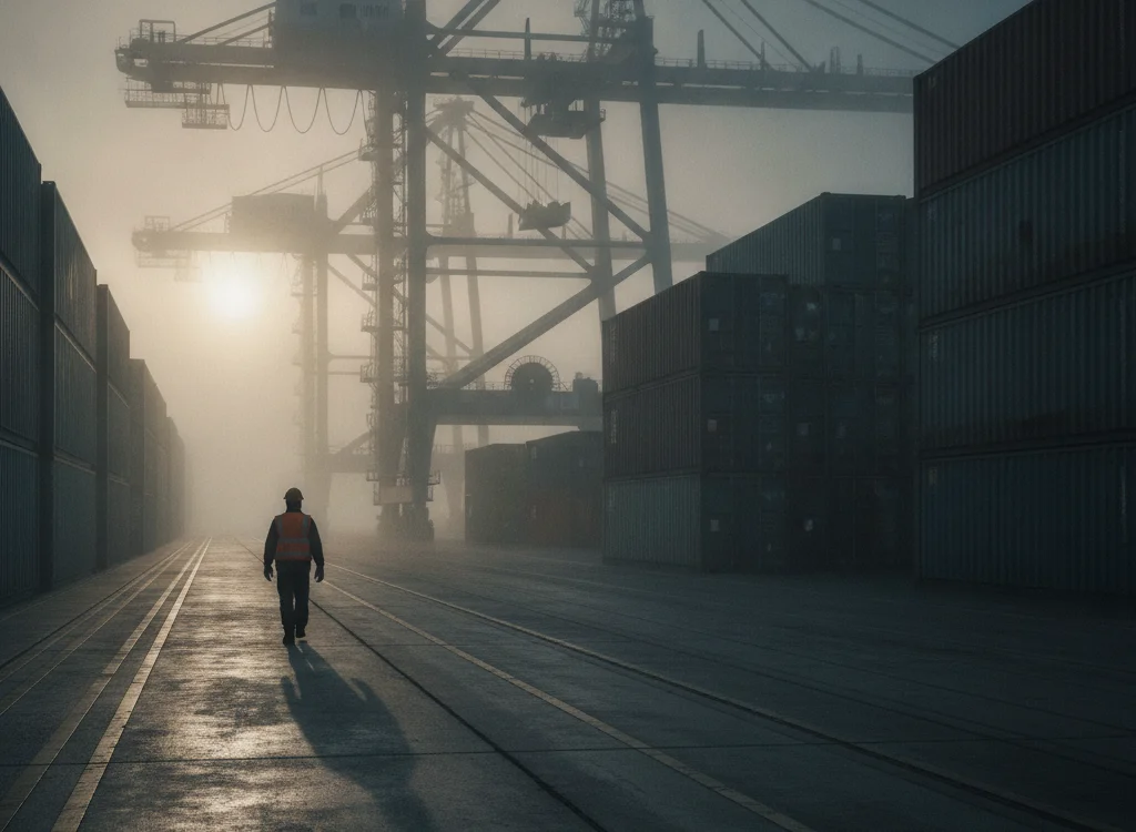 Worker in a reflective vest walks along train tracks in a foggy container terminal with large cranes overhead at dawn.