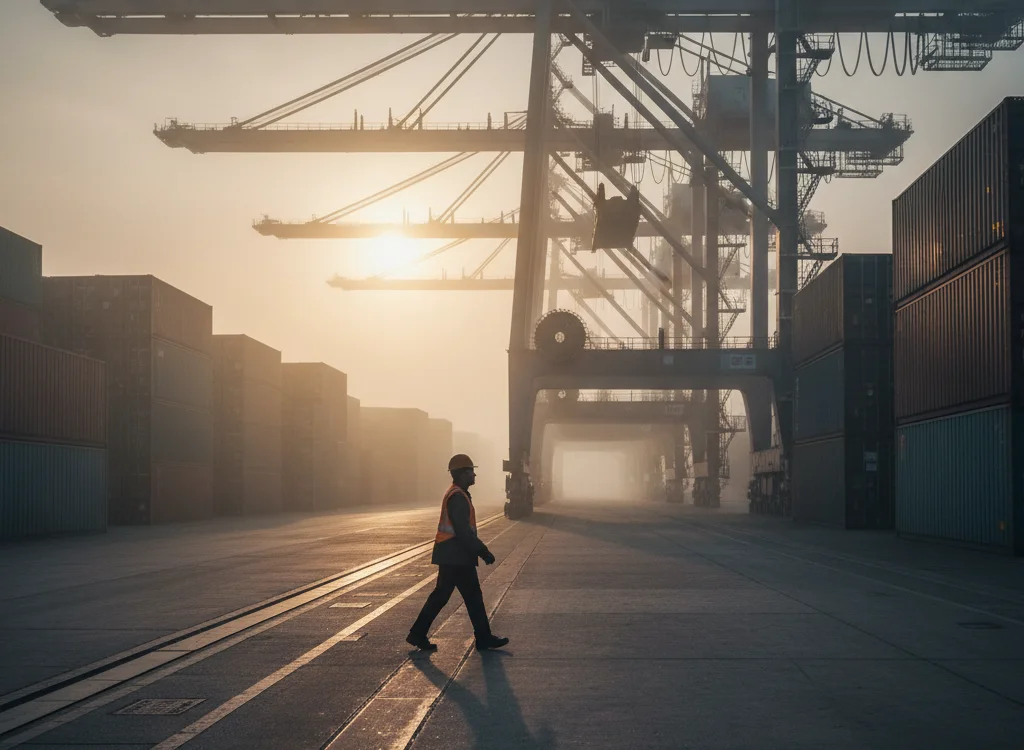Worker in a safety vest and helmet walks across a container port with towering gantry cranes at sunset/sunrise.