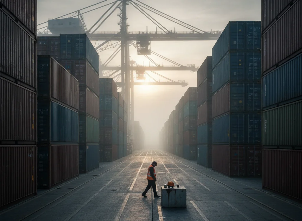 Worker in an orange safety vest inspects a crate in a shipping container yard, flanked by towering stacked containers and cranes at dawn/sunrise.