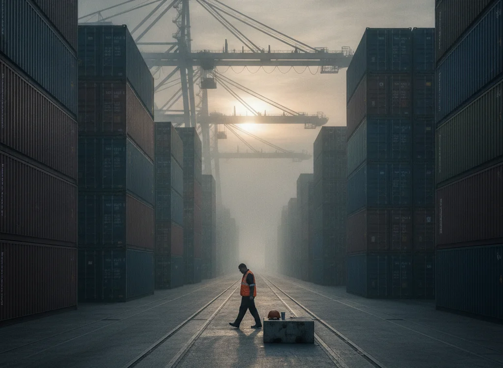 Worker in an orange safety vest walks along a rail in a container yard at dusk, with towering stacked shipping containers and gantry cranes in the background.