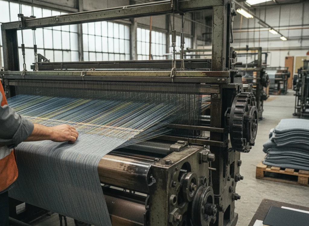 Worker in an orange vest adjusting a large industrial loom weaving blue-striped fabric in a textile workshop.