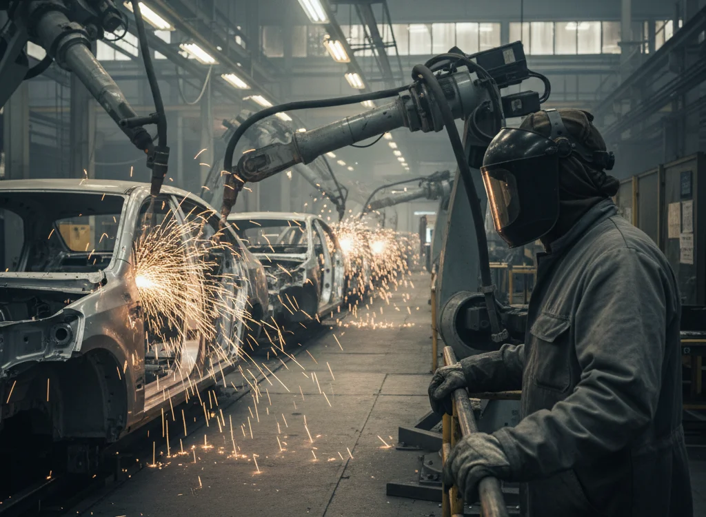 Worker in protective gear supervising robotic welding arm as sparks fly while assembling car bodies on an automotive production line
