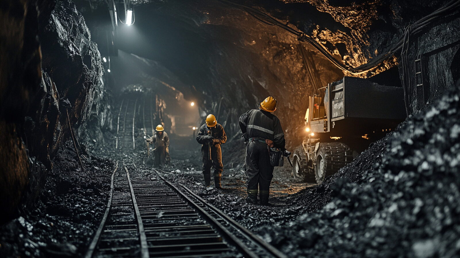Underground miners in yellow helmets stand along railway tracks inside a dark mine tunnel with equipment nearby.