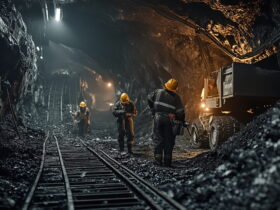 Underground miners in yellow helmets stand along railway tracks inside a dark mine tunnel with equipment nearby.