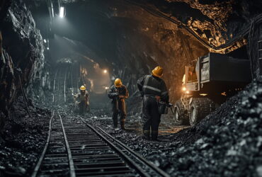 Underground miners in yellow helmets stand along railway tracks inside a dark mine tunnel with equipment nearby.