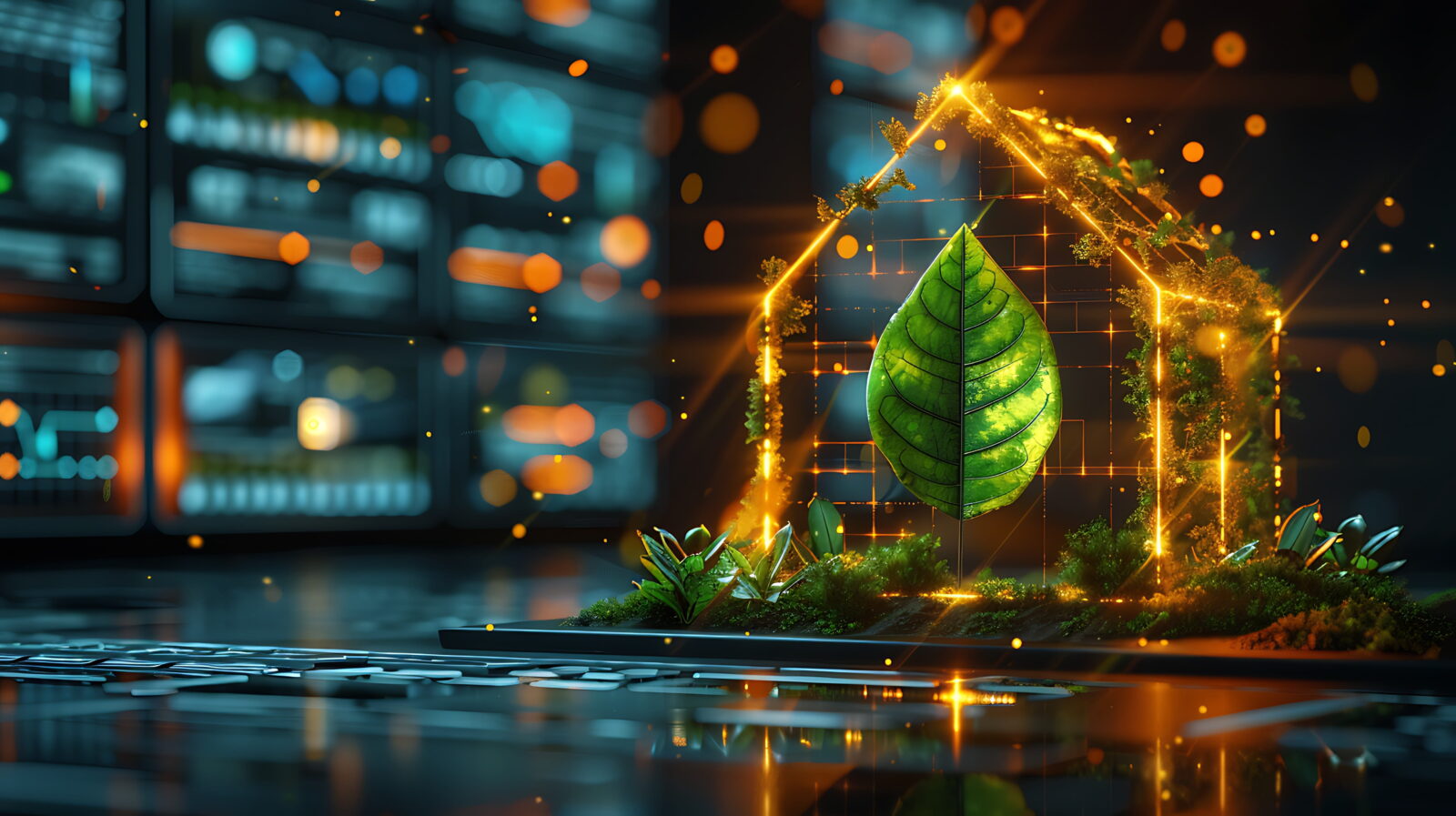 Glowing golden cube frame with a large green leaf inside, surrounded by plants in a high-tech server room backdrop.