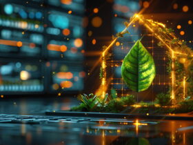 Glowing golden cube frame with a large green leaf inside, surrounded by plants in a high-tech server room backdrop.
