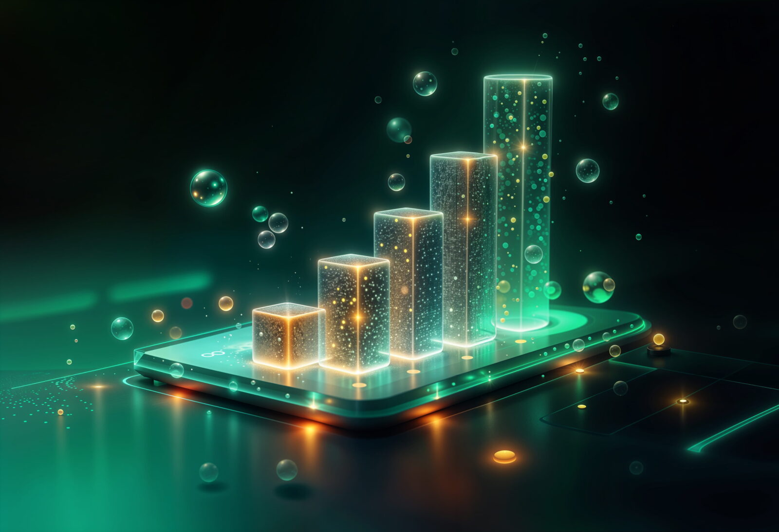 Neon holographic bar chart rising from a glassy smartphone screen with glowing bubbles and particles.