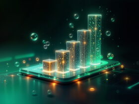 Neon holographic bar chart rising from a glassy smartphone screen with glowing bubbles and particles.