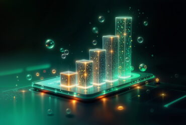 Neon holographic bar chart rising from a glassy smartphone screen with glowing bubbles and particles.