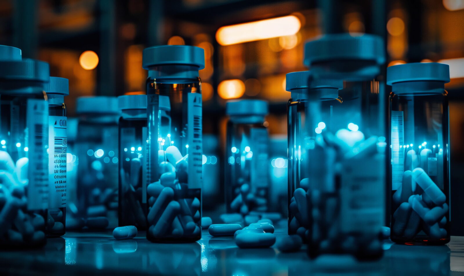 Row of blue-capped medicine vials and scattered pills on a lab bench, bathed in blue light.