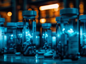 Row of blue-capped medicine vials and scattered pills on a lab bench, bathed in blue light.