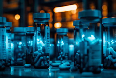 Row of blue-capped medicine vials and scattered pills on a lab bench, bathed in blue light.