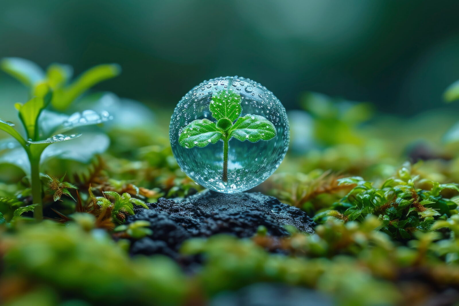 Small green seedling inside a clear glass orb, dew droplets on the surface, in a lush mossy garden scene