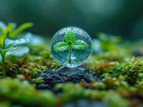 Small green seedling inside a clear glass orb, dew droplets on the surface, in a lush mossy garden scene