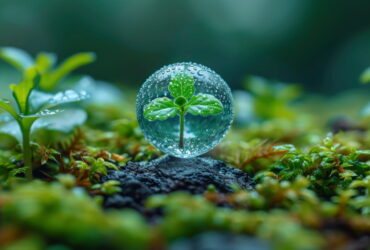 Small green seedling inside a clear glass orb, dew droplets on the surface, in a lush mossy garden scene