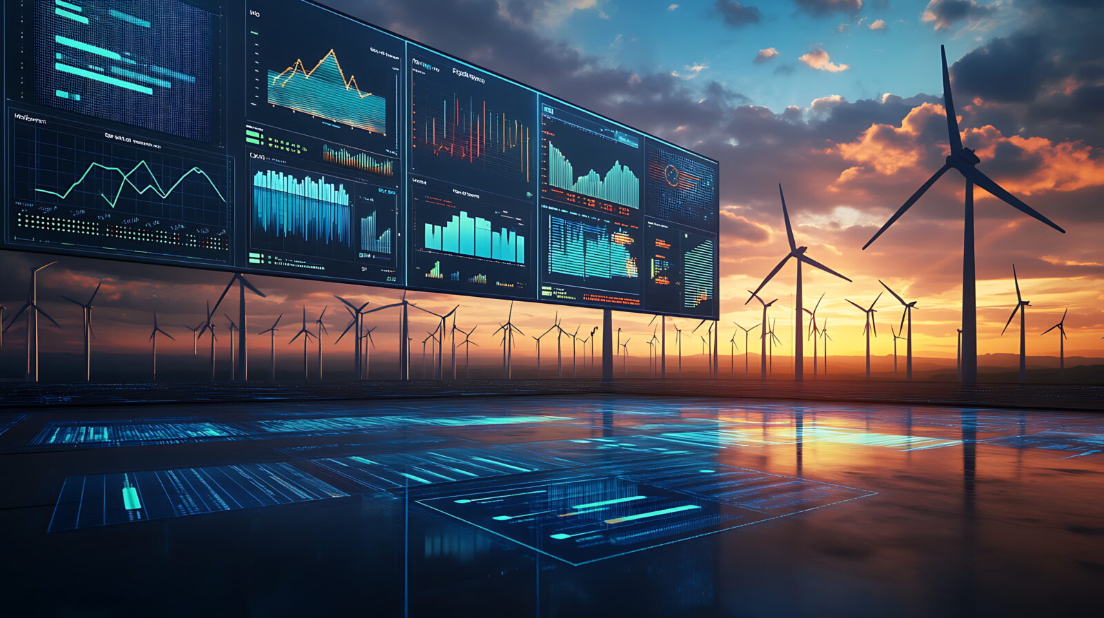 Wind turbines at sunset with large neon data dashboards displaying charts and metrics in the foreground and horizon.