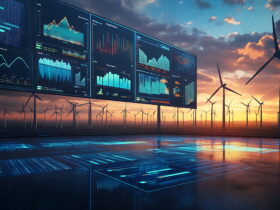 Wind turbines at sunset with large neon data dashboards displaying charts and metrics in the foreground and horizon.