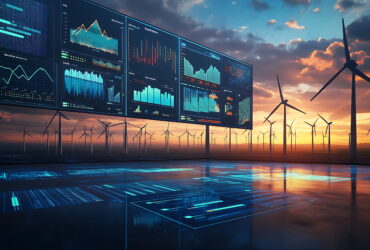 Wind turbines at sunset with large neon data dashboards displaying charts and metrics in the foreground and horizon.