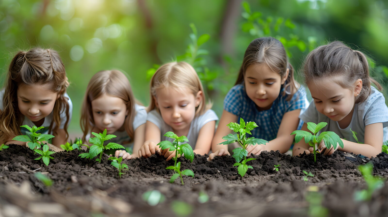 Group of children planting young seedlings in a garden bed outdoors.