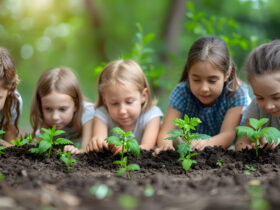 Group of children planting young seedlings in a garden bed outdoors.