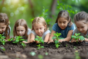 Group of children planting young seedlings in a garden bed outdoors.