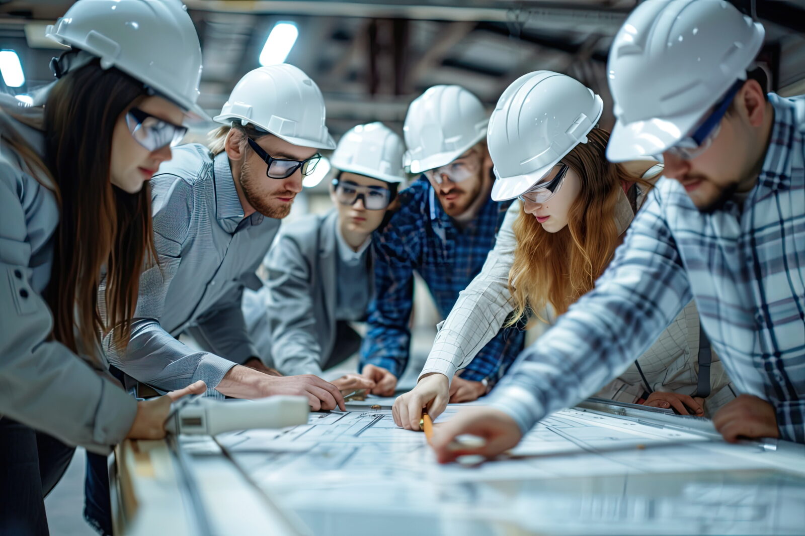 Team of engineers in hard hats and safety glasses gathered around a blueprint table, reviewing plans in a workshop.