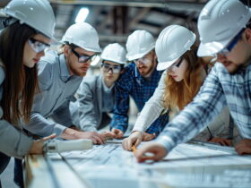 Team of engineers in hard hats and safety glasses gathered around a blueprint table, reviewing plans in a workshop.