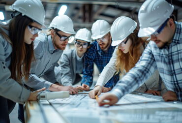 Team of engineers in hard hats and safety glasses gathered around a blueprint table, reviewing plans in a workshop.