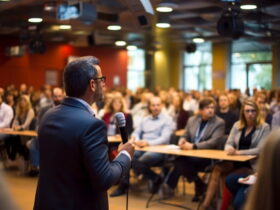 Male presenter in a suit addresses a large audience in a conference room, holding a wireless microphone.
