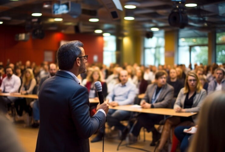 Male presenter in a suit addresses a large audience in a conference room, holding a wireless microphone.