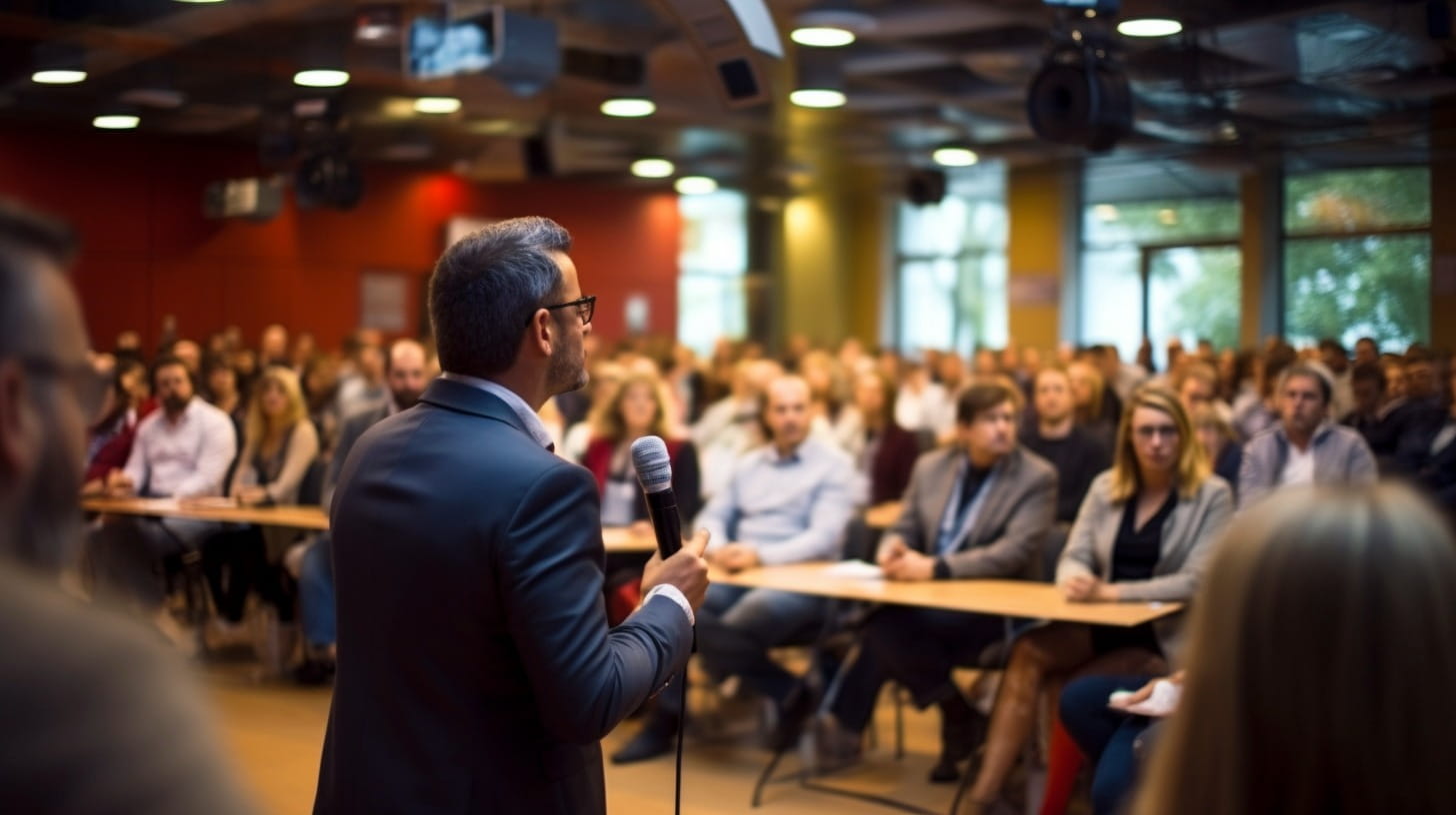 Male presenter in a suit addresses a large audience in a conference room, holding a wireless microphone.