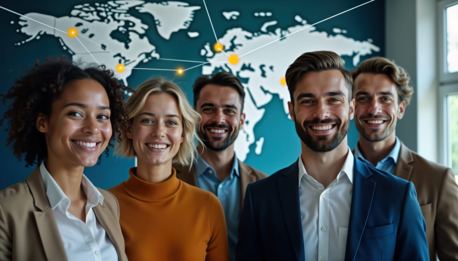 Group of five smiling professionals of diverse backgrounds posing in front of a world map with connected yellow nodes.