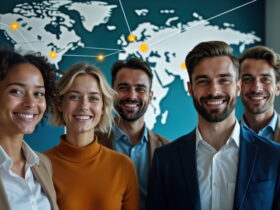 Group of five smiling professionals of diverse backgrounds posing in front of a world map with connected yellow nodes.