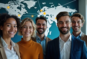 Group of five smiling professionals of diverse backgrounds posing in front of a world map with connected yellow nodes.