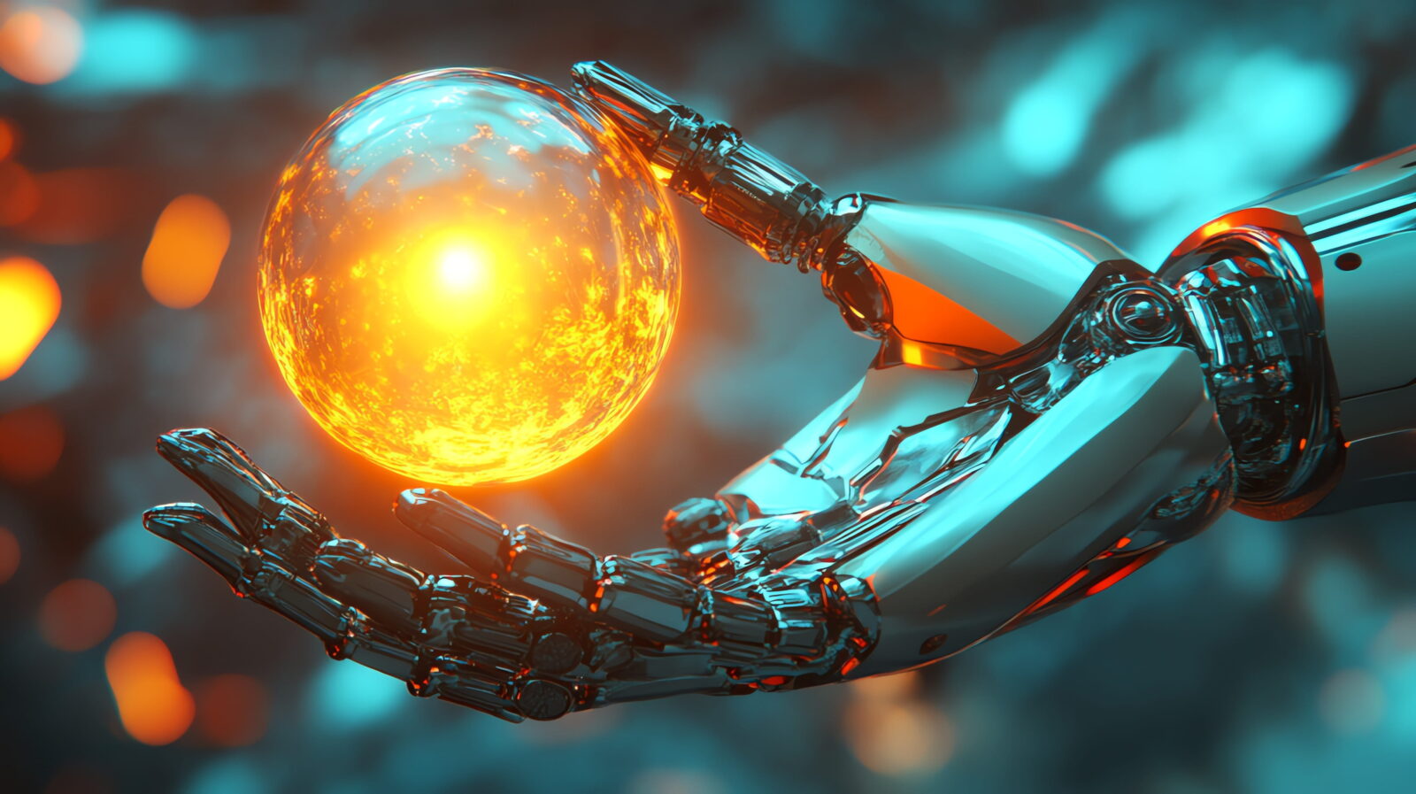 Metal robotic hand gently holding a glowing orange orb against a blurred blue-green background.