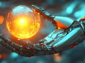 Metal robotic hand gently holding a glowing orange orb against a blurred blue-green background.