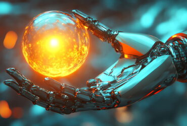 Metal robotic hand gently holding a glowing orange orb against a blurred blue-green background.