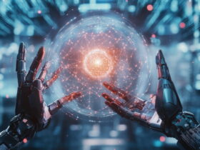 Robotic hands cradle a glowing orange network orb emitting interconnected light nodes.