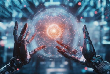 Robotic hands cradle a glowing orange network orb emitting interconnected light nodes.