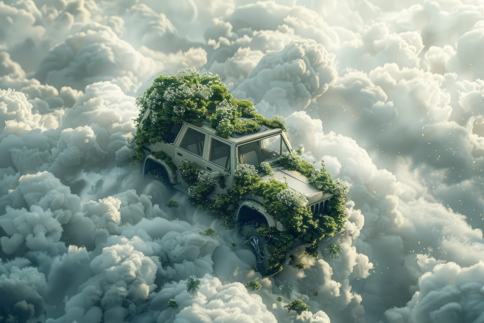 SUV overgrown with vines and greenery hovering among fluffy clouds in a surreal sky scene