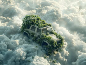 SUV overgrown with vines and greenery hovering among fluffy clouds in a surreal sky scene